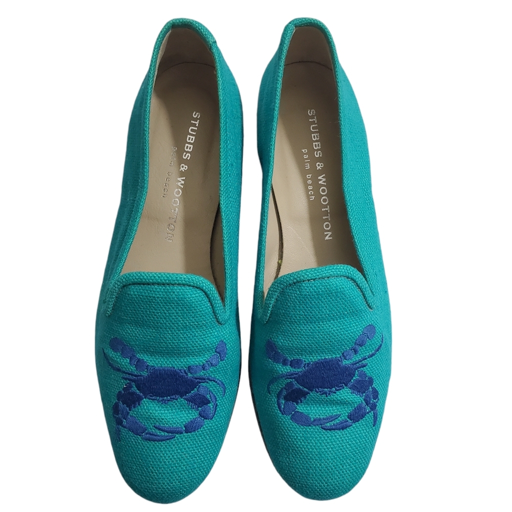 Stubbs & Wootton Teal Flats with Blue Embroidery